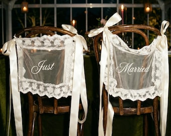Just Married - Bannières de chaise en dentelle, décoration de réception de mariage transparente