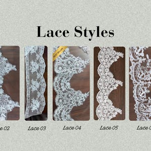 May include: A display of seven distinct white lace trim styles labelled Lace 01 through Lace 07. Each strip features intricate floral and scalloped embroidery patterns on sheer fabric. The text "Lace Styles" and "Jacob" appear at the top.
