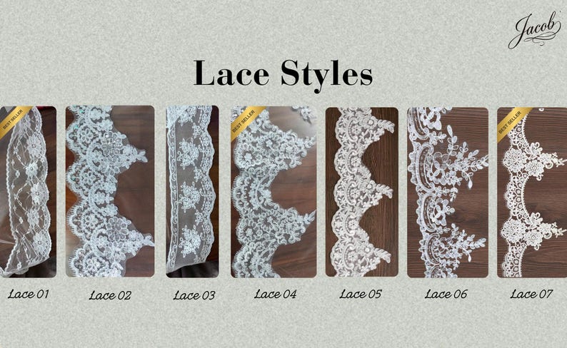 May include: A display of seven distinct white lace trim styles labelled Lace 01 through Lace 07. Each strip features intricate floral and scalloped embroidery patterns on sheer fabric. The text "Lace Styles" and "Jacob" appear at the top.