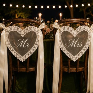 May include: Two dark wood chairs featuring heart-shaped white lace decorations on the backrests. Each heart has a white lace border and long satin ribbons tied at the sides. The left chair displays the text Mr and the right chair displays Mrs.