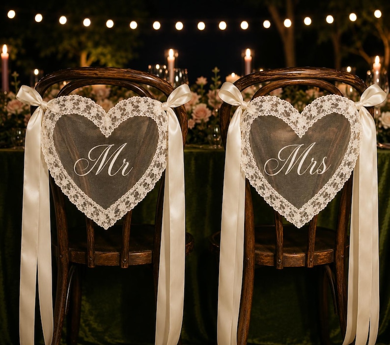 May include: Two dark wood chairs featuring heart-shaped white lace decorations on the backrests. Each heart has a white lace border and long satin ribbons tied at the sides. The left chair displays the text Mr and the right chair displays Mrs.