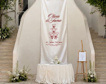 Plaque de bienvenue personnalisée pour mariage en soie royale - Élégante bannière en tissu vintage ivoire