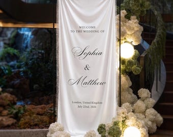 Bannière de bienvenue de mariage personnalisée en soie ivoire avec dentelle - Décoration de mariage vintage romantique