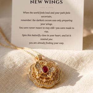 Spinning Butterfly Fidget Necklace, Gold Ruby Filigree Compass Pendant, Calming Spiritual Jewelry Resilience Gift