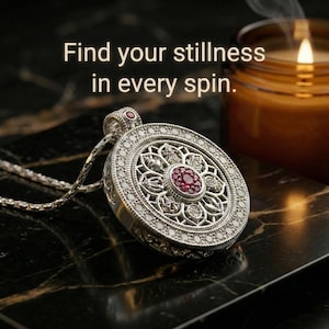 Könnte beinhalten: Eine silberne Anhängerkette mit einem runden, verzierten Design. Der Anhänger hat einen zentralen roten Edelstein, umgeben von kleineren, klaren Steinen. Der Text "Find your stillness in every spin" ist über dem Anhänger zu sehen.