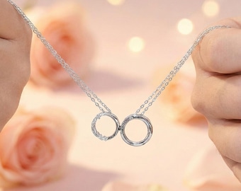Magnetic Couple Necklace, Interlocking Ring Pendant, His and Hers Sterling Silver, Long Distance Valentines Day Gift