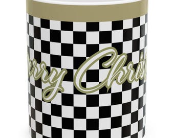 Merry Christmas Checkerboard Mug | Black White Gold Ceramic