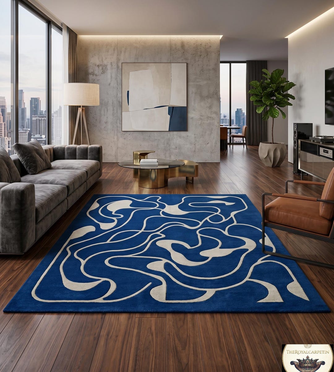 Hand Tufted Abstract Blue and White Area Rug, Wavy Swirl Contemporary ...