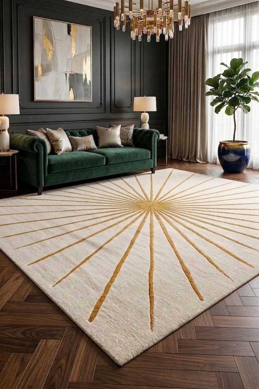 Starburst Rug Gold Hand Tufted Cream Gold Sunburst Wool Rug Modern Mid Century Area Rug ...