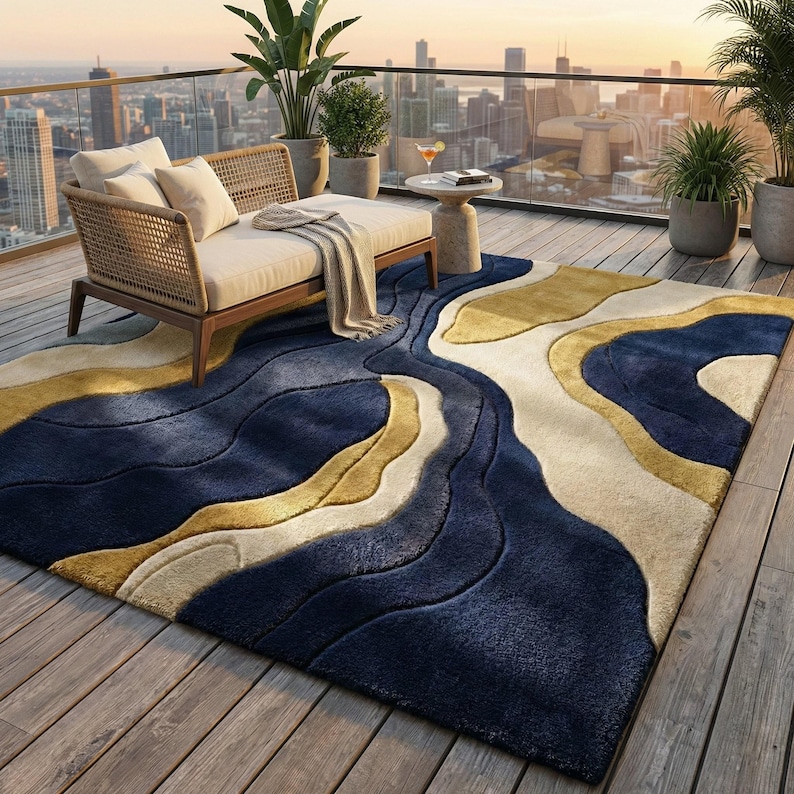 Navy Blue and Gold Abstract Wavy Rug Hand Tufted Wool Rug Irregular ...