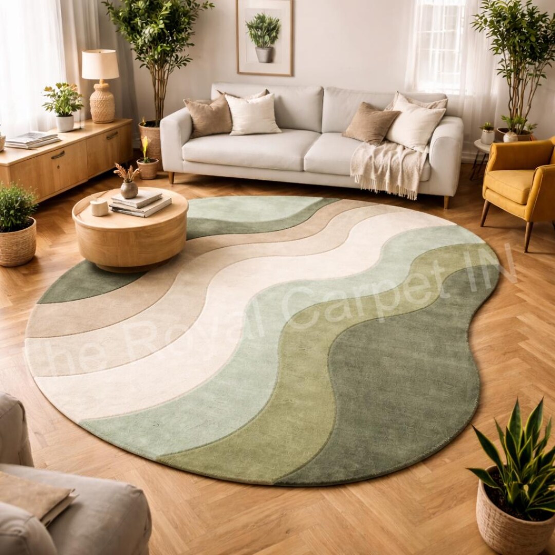 Wavy Long Rug 5x7 Sage Green Wavy Rug, Irregular Shaped Area Rug, Abstract Hand ...