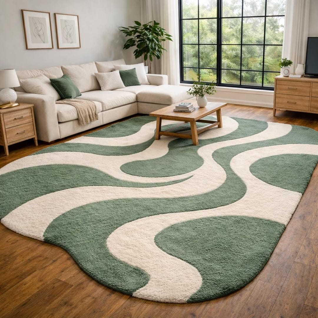 Sage Green Wavy Rug, Hand Tufted Retro Area Rug, Mid Century Modern ...