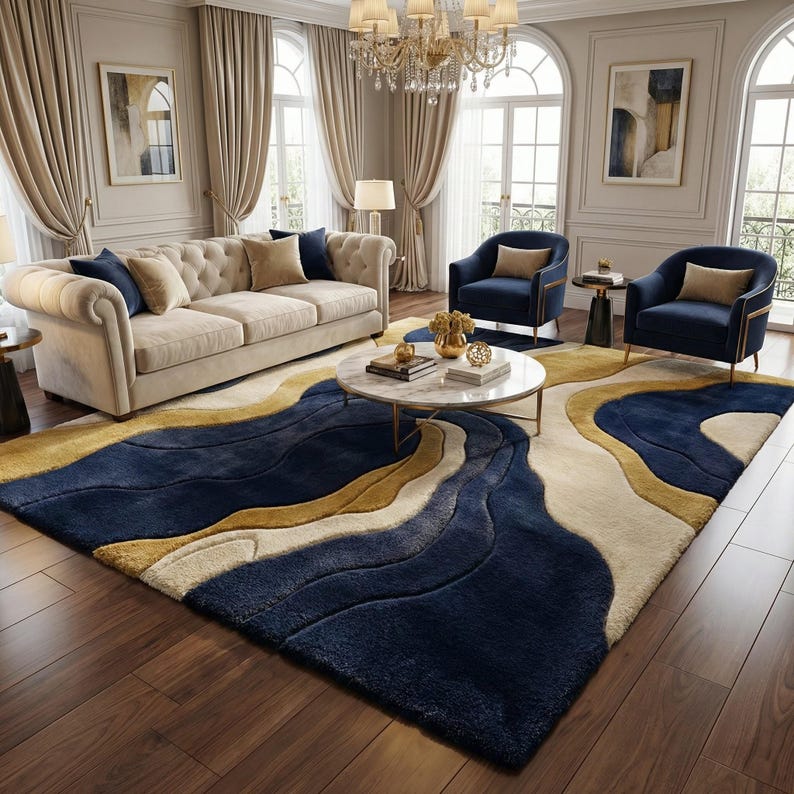 Navy Blue and Gold Abstract Wavy Rug Hand Tufted Wool Rug Irregular ...