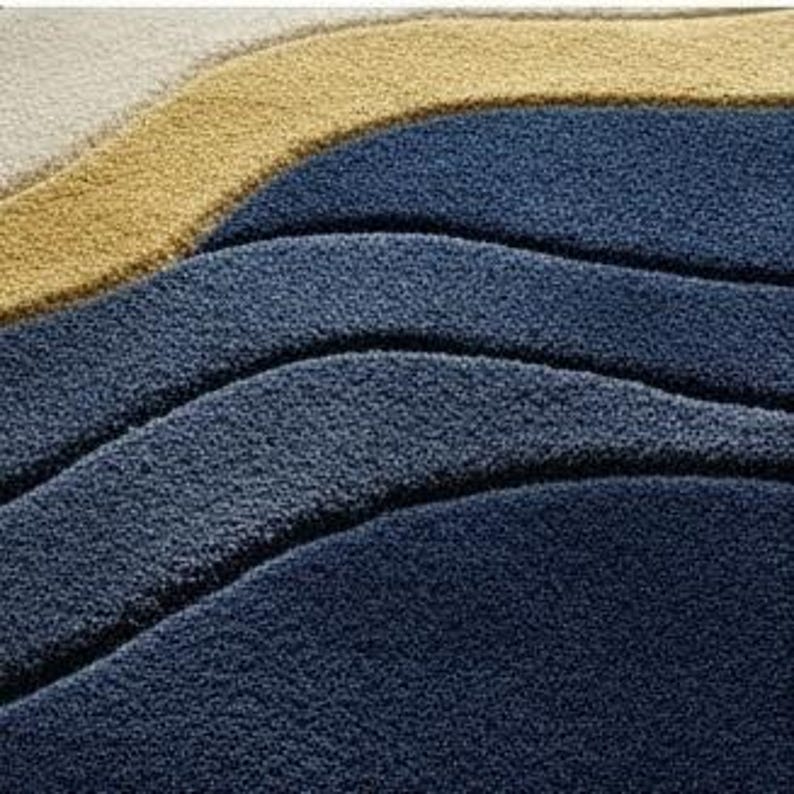 Blue Wavy Pattern Rug Navy Blue and Gold Abstract Wavy Rug Hand Tufted Wool Rug Irregular ...