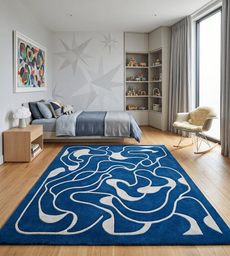 Hand Tufted Abstract Blue and White Area Rug, Wavy Swirl Contemporary ...