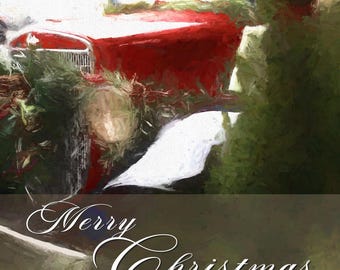 May include: An artistic rendering of a vintage red truck decorated with greenery. The image has a painterly style, with visible brushstrokes. The words "Merry Christmas" are written in elegant script across the bottom of the image.