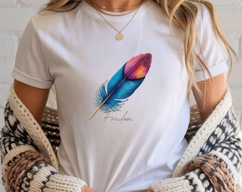 Colorful Feather Tee | Watercolor Bird Quill Shirt, Boho Nature Design