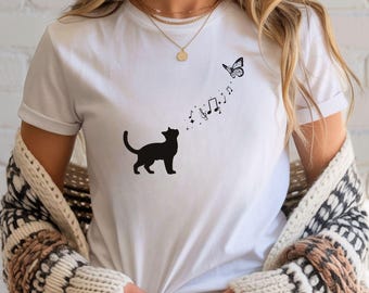 Singing Cat Butterfly Minimalist Tee | Music Notes Animal Lover Shirt