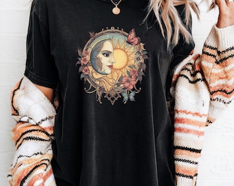 Sun and Moon Floral Illustration T-Shirt | Celestial Garden Tee