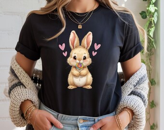 Hand-Painted Bunny Lollipop Tee | Whimsical Pastel Hearts Easter Shirt