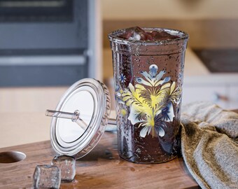 Blauwe en gele acrylbeker met bloemen | Doorzichtige beker met rietje