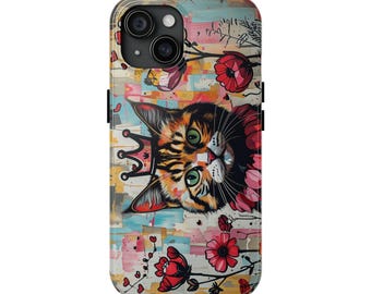 Tabby Cat Crown Phone Case, Colorful Street Art Design, Gift for Cat Lover