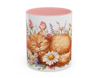 Sleeping Ginger Cat Floral Mug | Accent Coffee Mug 11oz 15oz
