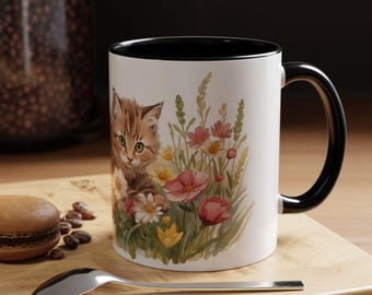 Floral Kitten Mug Accent Coffee Mug | Cat in Wildflower Meadow