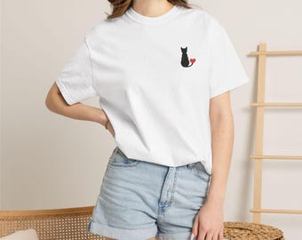 Embroidered Cat with Heart chest print T-Shirt | Small Cat Logo