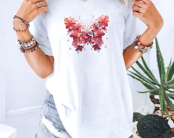 Floral Butterfly Heart T-Shirt | Watercolor Flower Wings Tee