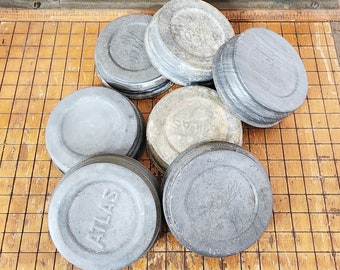 Vintage Zinc Ball Mason Jar Lids with Glass Inserts, Set of Seven, Heavily Aged, Old Canning Jar Lids, Farmhouse Decor, Home Decor, #3818