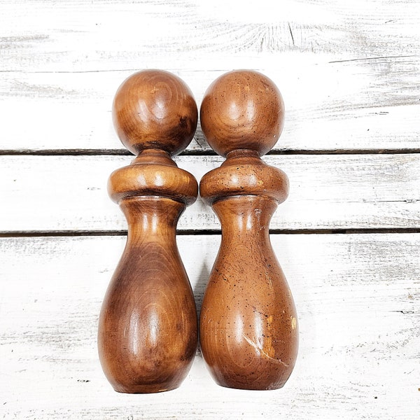 Pair of Vintage Wood Bed Finials, 11-3/8" High, Aged, Brown Wood Finials, Bed Posts Tops, Supplies, DIY, #3801