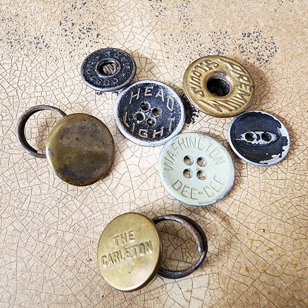 Vintage Miscellaneous Sewing Buttons, Set of Seven, Old Metal Buttons, Sewing Notions, Sewing Supplies, Collectible Buttons, Aged, #3837