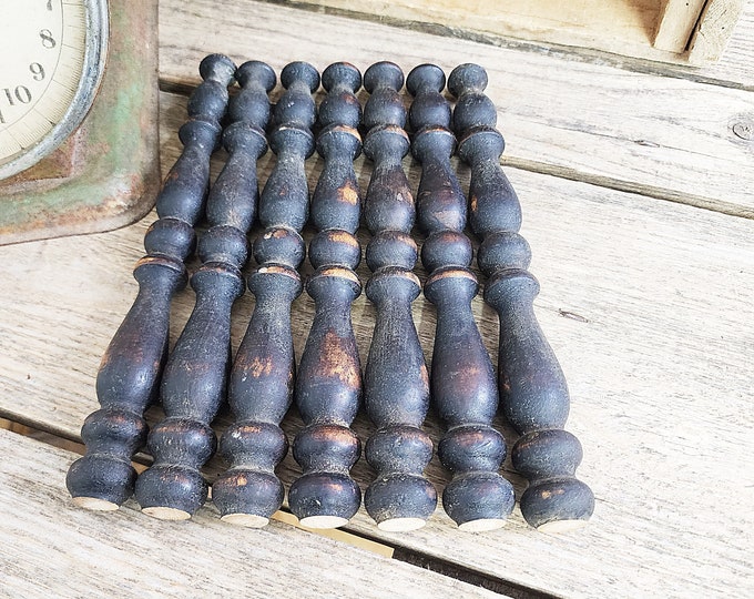 Salvaged Wood Spindles, Set of Seven, Dark Brown, Ornate, Skinny Wood