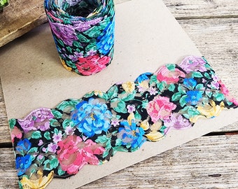 5 Yards Colorful Floral Lace Ribbon, 3-1/2 Inches Wide, No Wire, Destash, Junk Journaling, Scrapbooking, Supplies, Bright Floral Lace, #3140