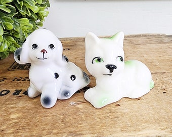 Vintage Ceramic Dog and Cat Figurines, Black and White Polka Dot Dog, Green and White Cat, Knick Knacks, Collectible, #3332