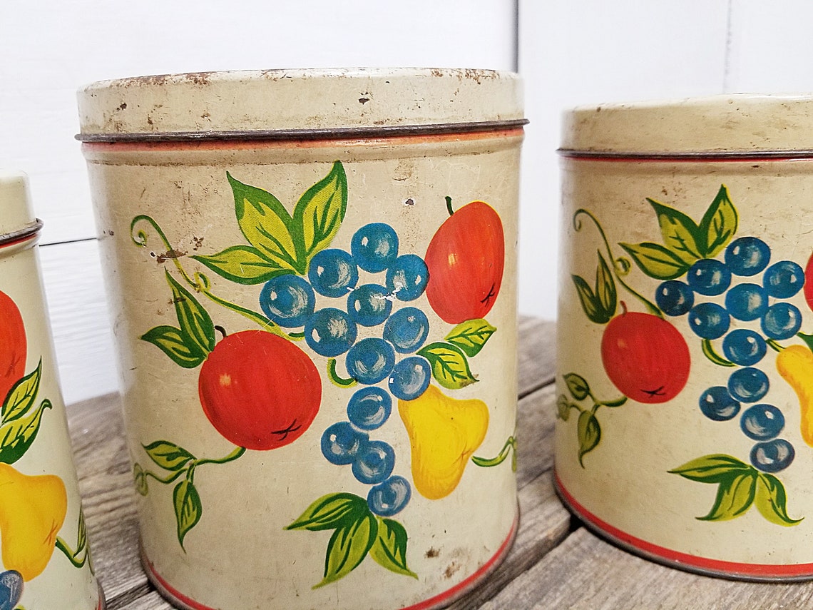 Vintage Kitchen Canisters Fruit Design Set of Three Rusty Etsy