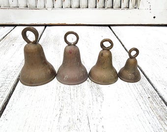 Vintage Etched Brass Bells, Set of Four Tapered Bells, Made in India, Home Accents, #5812