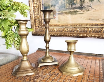 Vintage Brass Candleholders, Set of Three,  Mixed Shapes and Sized Candleholders, Vintage Brass Decor, Home Decor, Home Accents, #3831