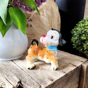 Vintage Porcelain Spotted Cartoon Dog, Colorful Blue Collared Dog, 4 1/2 Inches Tall, Good Condition, Collectible, Home Accent, #4647