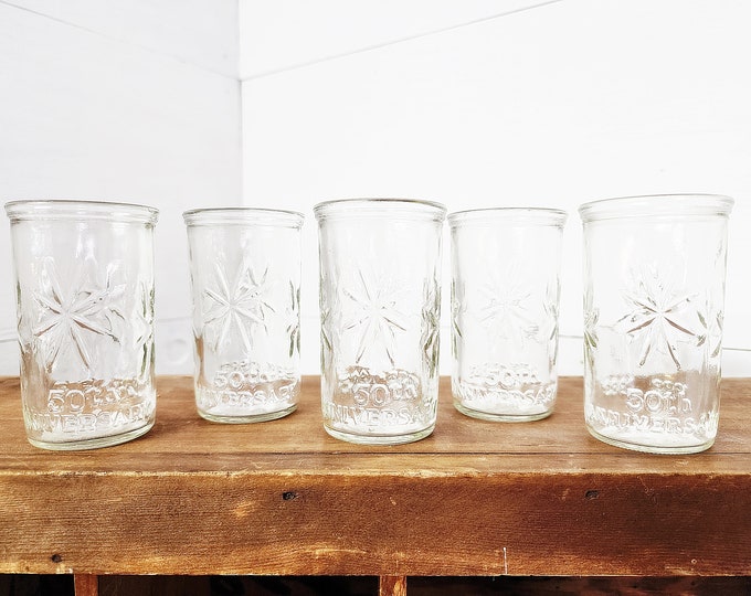 Five 50th Anniversary Jelly/juice Jars, Star Pattern, No Lids, Clear Glass Juice Jars, Small