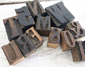 One Dozen Letterpress Blocks, Mixed Letters, Number, Symbol, Wood Printer Press Blocks, Used, Aged, Supplies, Printing Letter Blocks, #3628