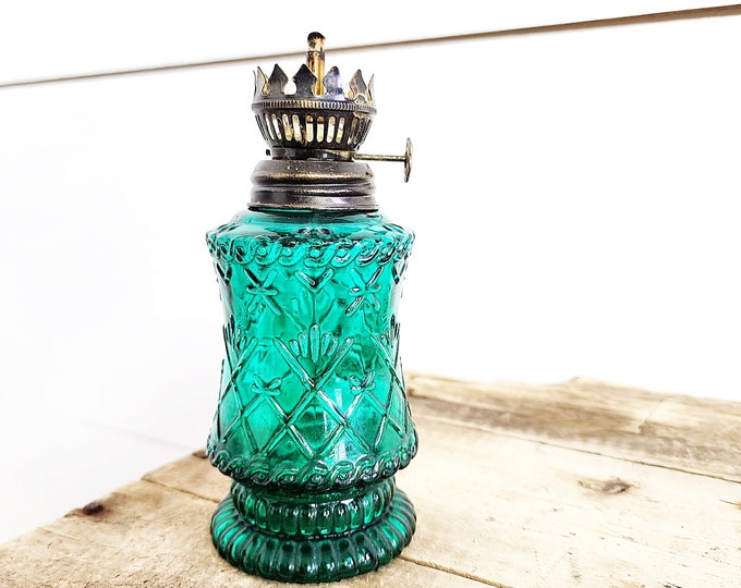 Vintage Green Glass Oil Lamp, No Chimney, Hong Kong, 6 Inches Tall, No
