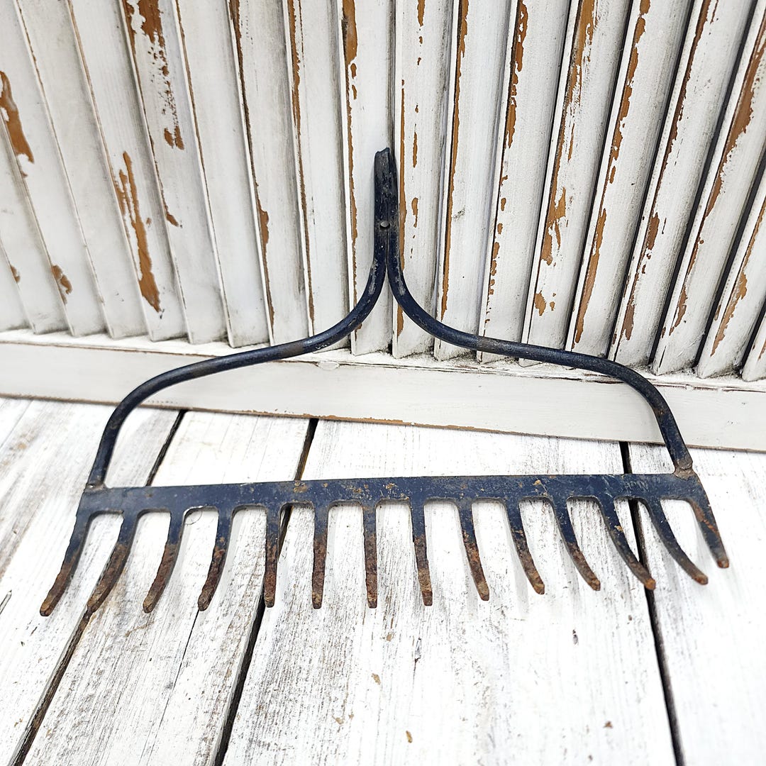 Old Stem Style Rake Handle Vintage Rake Head, Farmhouse Decor, Blue, Japan, Rusty and Aged, Wall ...