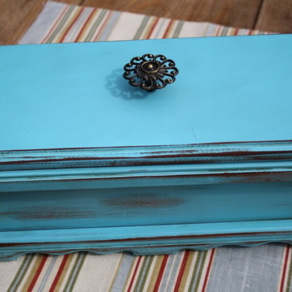 Painted Wooden Box - Turquoise Blue - Distressed - Cottage Chic Decor - Beach Decor