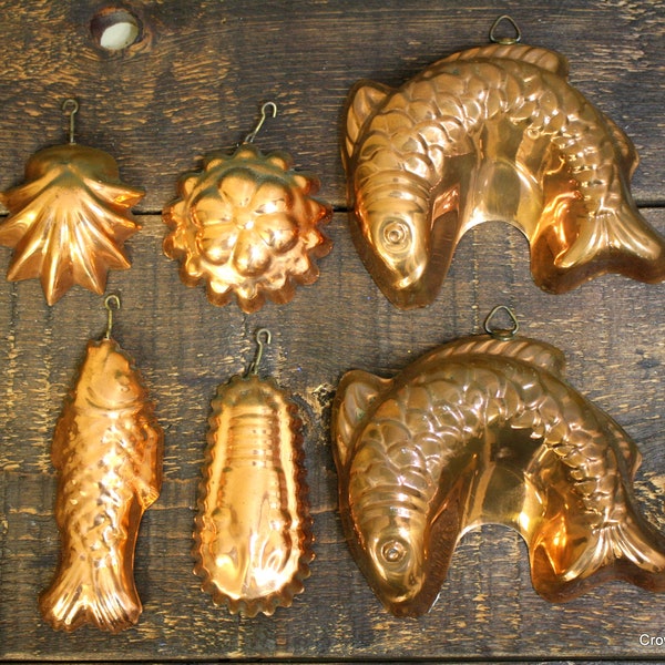 Vintage Copper Jell-O  Molds - Set of Six - Vintage Kitchen Decor - Seaside Decor - Wall Hangings - Small Molds