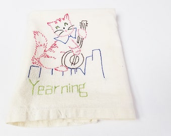 Vintage Embroidered Yearning Dish Towel, Cat Graphics, Love, Collectible Dish Towel, #2218