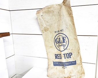 Vintage GLF Red Top FeedSack, Ithaca, N.Y., Aged and Stained, Heavy-Duty Muslin FeedSack, Farmhouse Decor, Advertising Sack, #2610