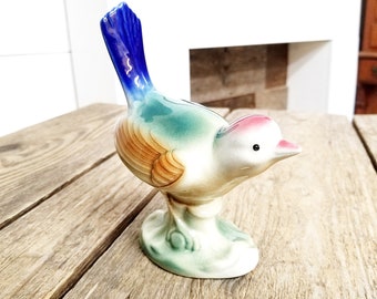 Vintage Ceramic Bird, No Chips or Cracks, Crackling of the Glaze, Bird Knick Knack, Blue and Green, Home Decor, Ceramic Fowl, #1863