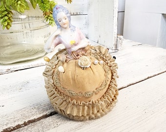 Vintage Victorian Lady Pincushion, Vintage Pins, Sewing Room Decor, Ceramic Lady with Fabric Body, Aged, No Chips, She Leans, #3786